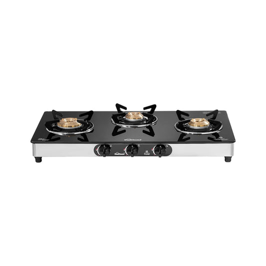 Crystal 3 Burner Gas Stove | 1 Medium and 2 Small Brass Burners |Toughened Glass Top |Steel