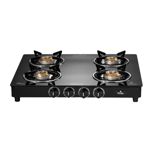 Pride 4 Burner Gas Stove | 2 Medium and 2 Small Brass Burners |Toughened Glass Top | Black