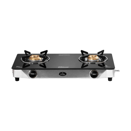 Pride 2 Burner Gas Stove | 1 Medium and 1 Small Brass Burners |Toughened Glass Top | Steel