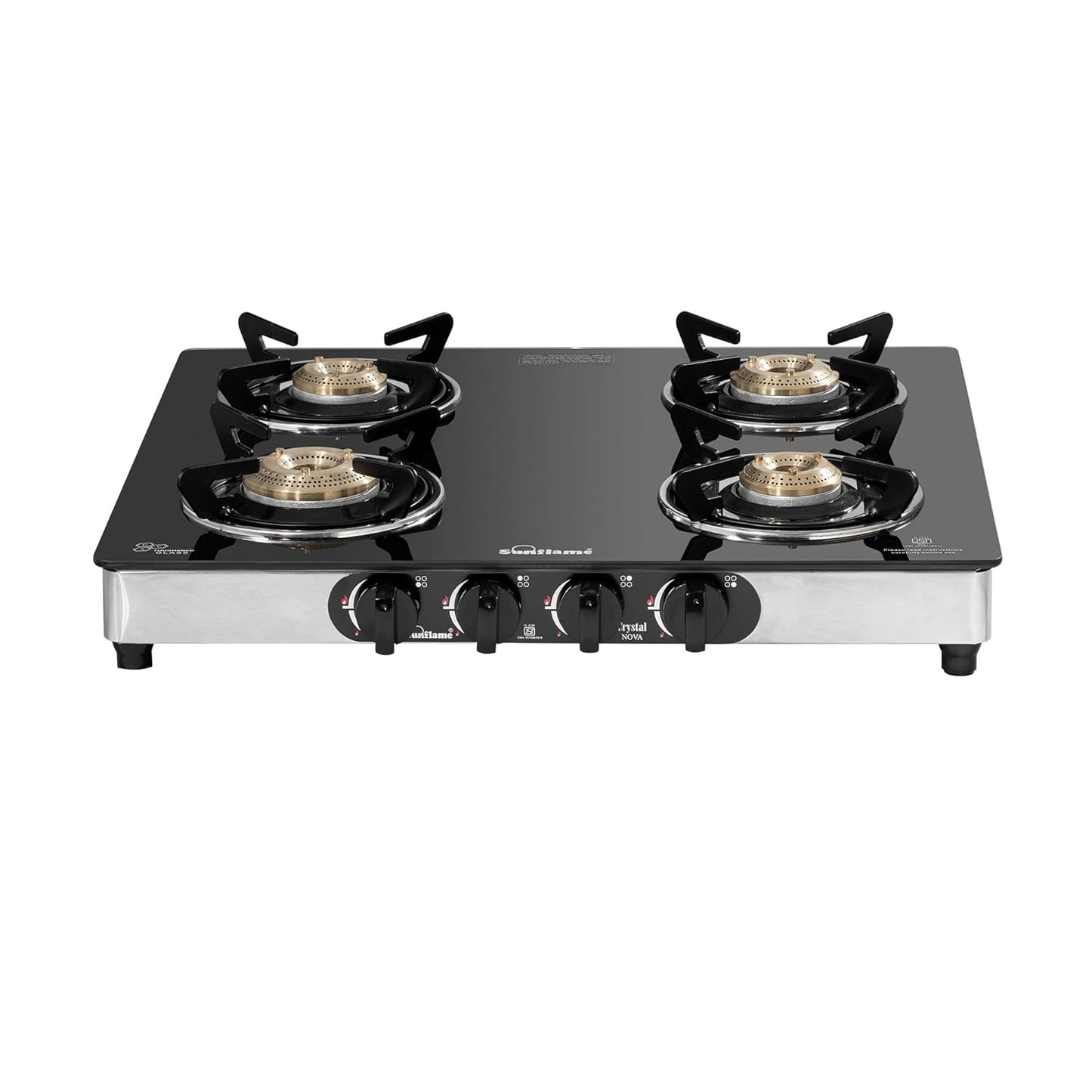Crystal Nova 4 Burner Gas Stove | 2 Medium and 2 Small Brass Burners |Toughened Glass Top | Steel