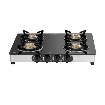 Crystal Nova 4 Burner Gas Stove | 2 Medium and 2 Small Brass Burners |Toughened Glass Top | Steel