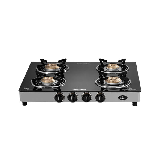 Pride 4 Burner Gas Stove | 2 Medium and 2 Small Brass Burners |Toughened Glass Top | Steel