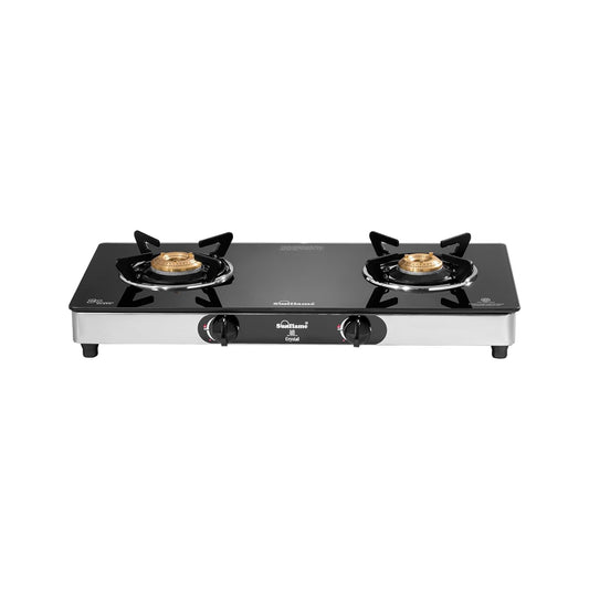 Crystal 2 Burner Gas Stove | 1 Medium and 1 Small Brass Burners |Toughened Glass Top | Steel