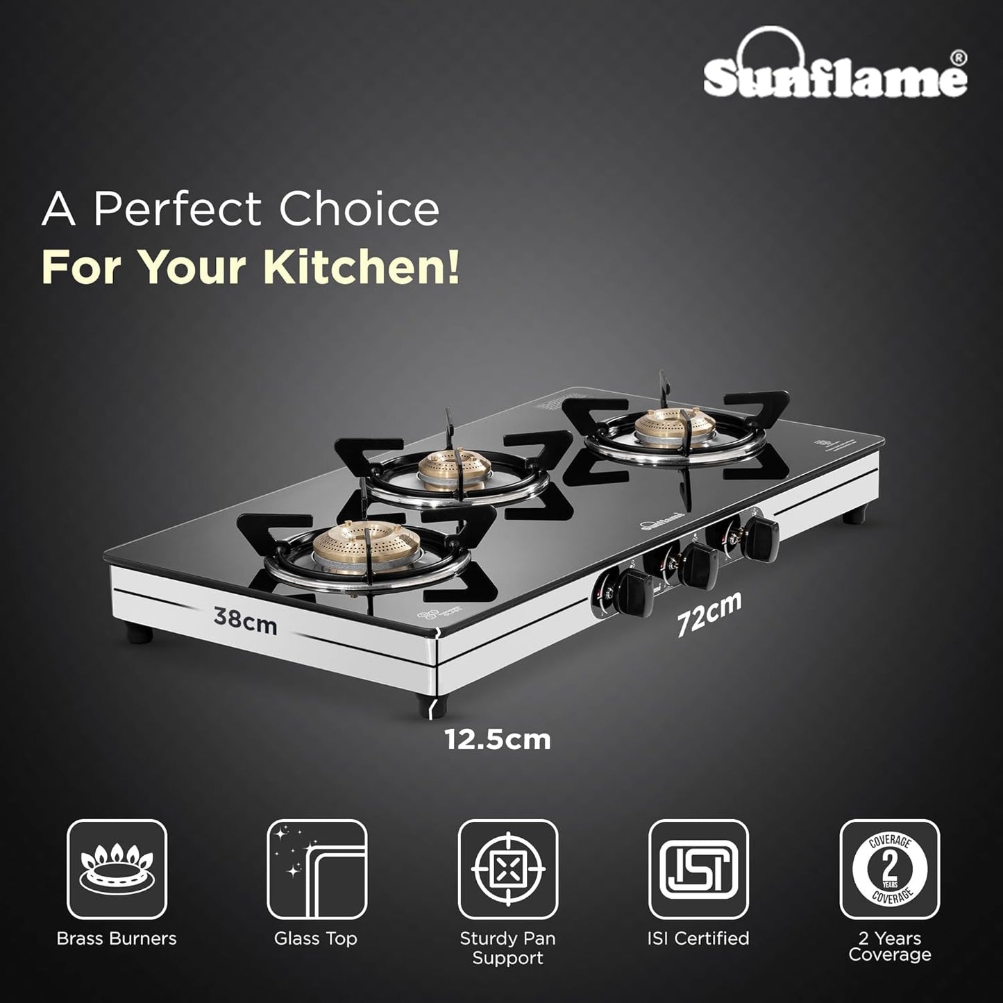 Crystal Nova 3 Burner Gas Stove | 1 Medium and 2 Small Brass Burners |Toughened Glass Top |Steel