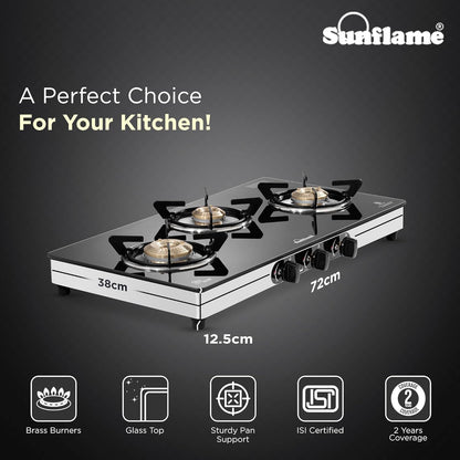 Crystal Nova 3 Burner Gas Stove | 1 Medium and 2 Small Brass Burners |Toughened Glass Top |Steel