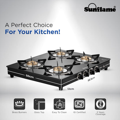Pride 4 Burner Gas Stove | 2 Medium and 2 Small Brass Burners |Toughened Glass Top | Black