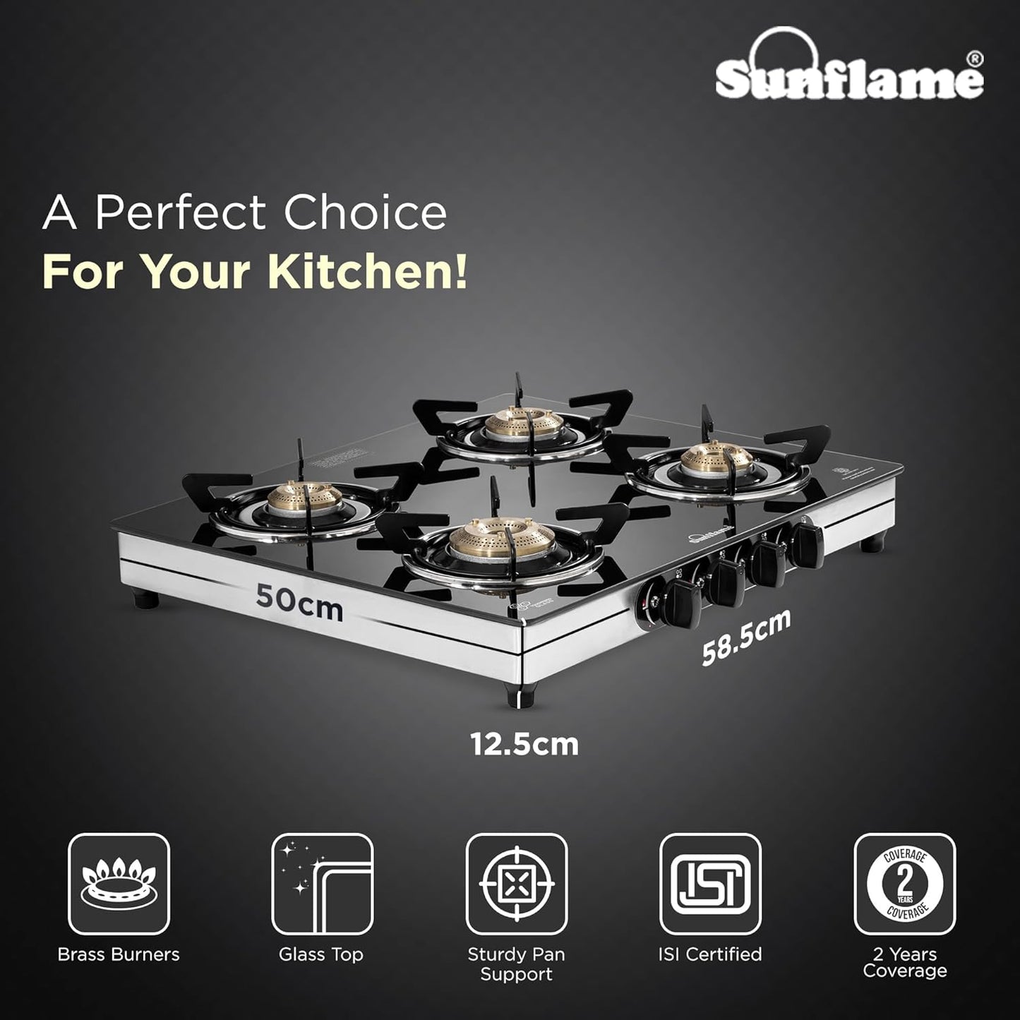 Crystal Nova 4 Burner Gas Stove | 2 Medium and 2 Small Brass Burners |Toughened Glass Top | Steel