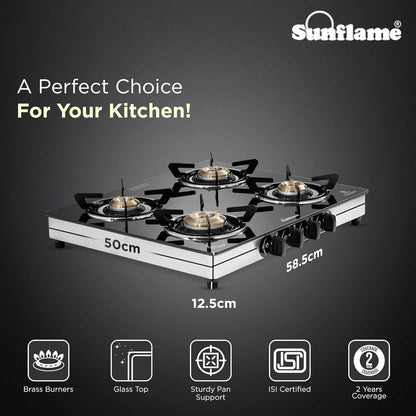Crystal Nova 4 Burner Gas Stove | 2 Medium and 2 Small Brass Burners |Toughened Glass Top | Steel