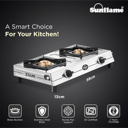 2 Burner Smart Gas Stove | 1 Medium and 1 Small Brass Burners |Stainless Steel
