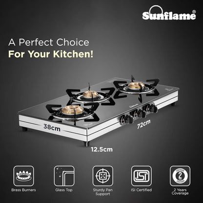 Crystal 3 Burner Gas Stove | 1 Medium and 2 Small Brass Burners |Toughened Glass Top |Steel