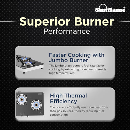 Crystal Nova 3 Burner Gas Stove | 1 Medium and 2 Small Brass Burners |Toughened Glass Top |Steel