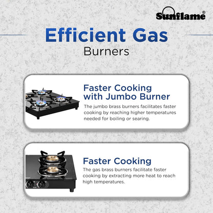 Sunflame Granito 4 Burner Gas Stove | 1 Jumbo, 1 Medium and 2 Small Brass Burners | 2 Years Product Coverage by Sunflame | Granite Finish Glass Top | Easy to Maintain | PAN India Presence| Black