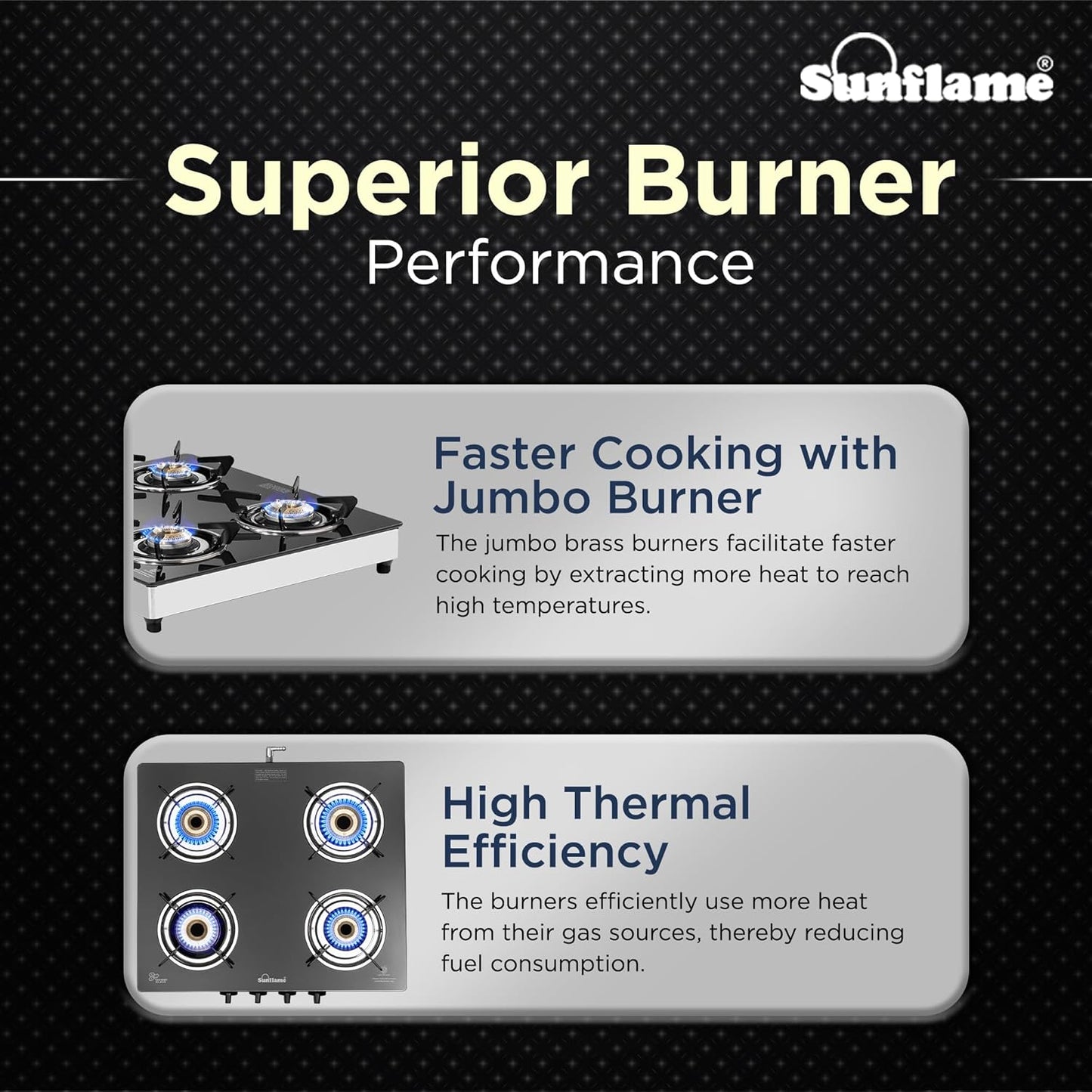 Crystal Nova 4 Burner Gas Stove | 2 Medium and 2 Small Brass Burners |Toughened Glass Top | Steel