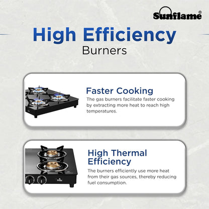 Pride 4 Burner Gas Stove | 2 Medium and 2 Small Brass Burners |Toughened Glass Top | Black