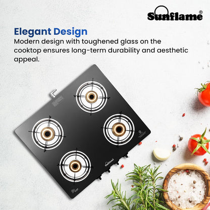 Pride 4 Burner Gas Stove | 2 Medium and 2 Small Brass Burners |Toughened Glass Top | Black