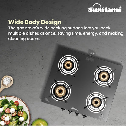 Crystal Nova 4 Burner Gas Stove | 2 Medium and 2 Small Brass Burners |Toughened Glass Top | Steel