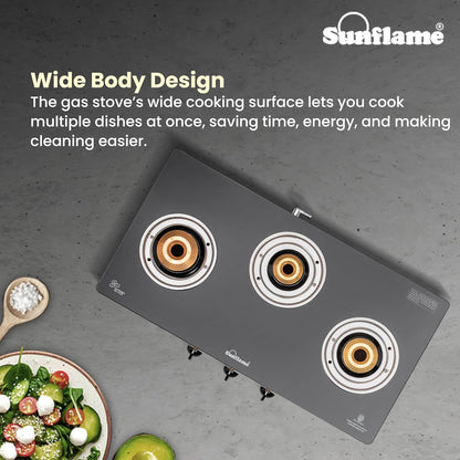 Crystal 3 Burner Gas Stove | 1 Medium and 2 Small Brass Burners |Toughened Glass Top |Steel
