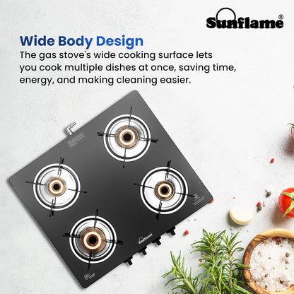 Crystal Nova 4 Burner Gas Stove | 2 Medium and 2 Small Brass Burners |Toughened Glass Top | Black