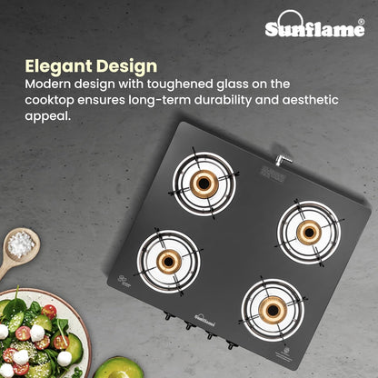Pride 4 Burner Gas Stove | 2 Medium and 2 Small Brass Burners |Toughened Glass Top | Steel