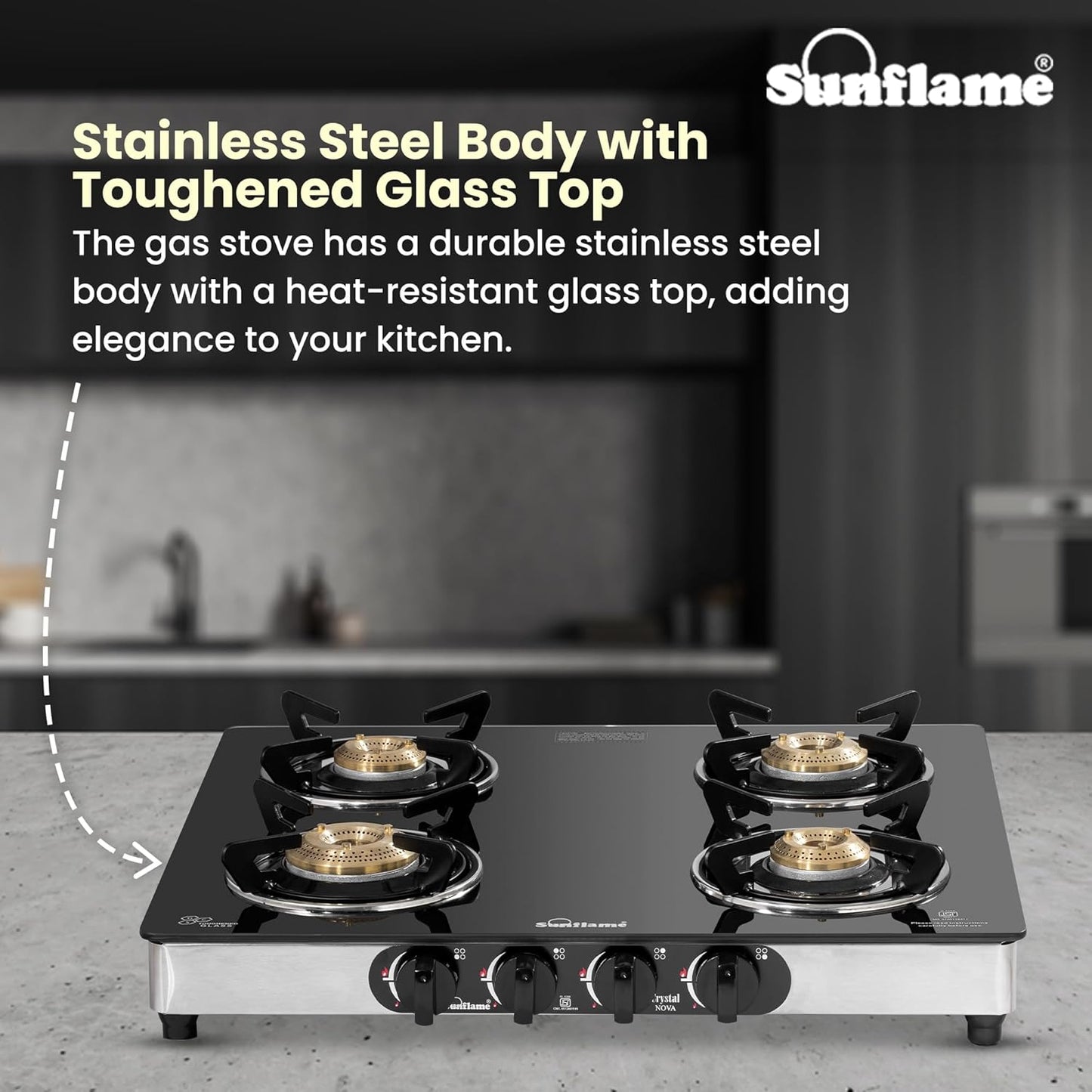 Crystal Nova 4 Burner Gas Stove | 2 Medium and 2 Small Brass Burners |Toughened Glass Top | Steel
