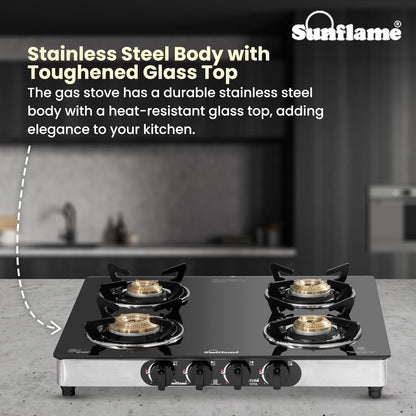 Crystal Nova 4 Burner Gas Stove | 2 Medium and 2 Small Brass Burners |Toughened Glass Top | Steel