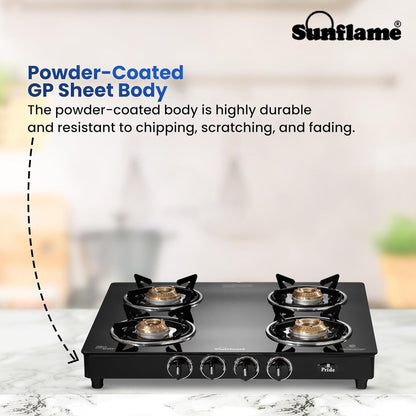 Pride 4 Burner Gas Stove | 2 Medium and 2 Small Brass Burners |Toughened Glass Top | Black