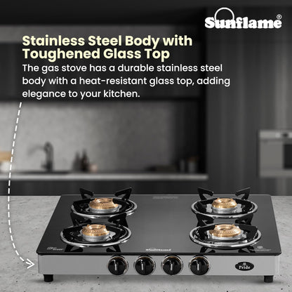 Pride 4 Burner Gas Stove | 2 Medium and 2 Small Brass Burners |Toughened Glass Top | Steel
