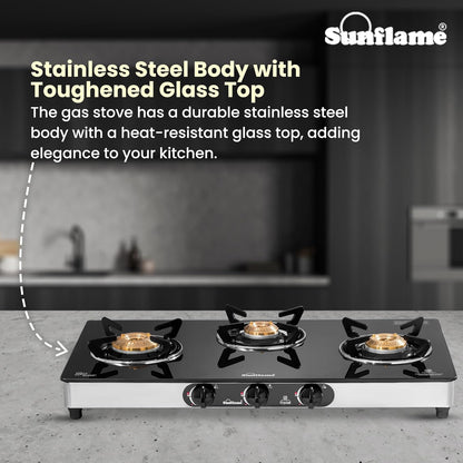 Crystal 3 Burner Gas Stove | 1 Medium and 2 Small Brass Burners |Toughened Glass Top |Steel
