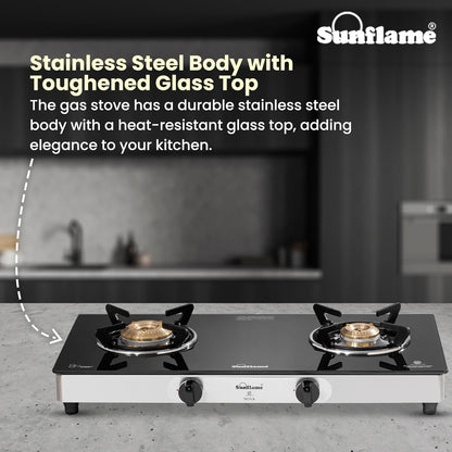 Crystal Nova 2 Burner Gas Stove | 1 Medium and 1 Small Brass Burners |Toughened Glass Top |Steel