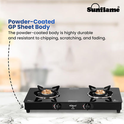 Crystal 2 Burner Gas Stove | 1 Medium and 1 Small Brass Burners |Toughened Glass Top | Black