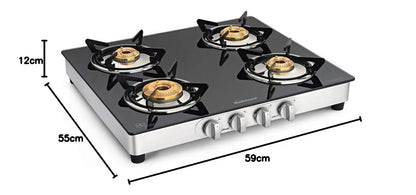 Crystal Nova 4 Burner Gas Stove | 2 Medium and 2 Small Brass Burners |Toughened Glass Top | Steel