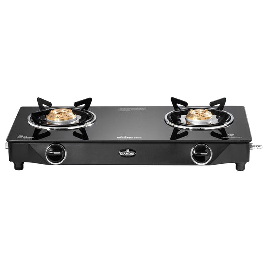 Diamond 2 Burner Gas Stove | 1 Medium and 1 Small Brass Burners |Toughened Glass Top | Black