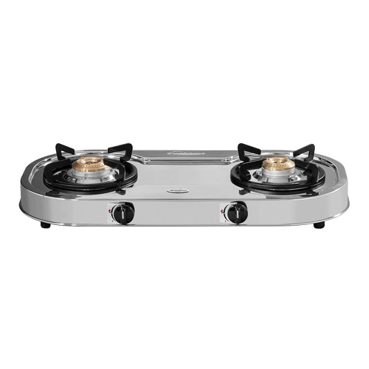 Optra 2 Burner Gas Stove | 1 Medium and 1 Small Brass Burners |Toughened Glass Top | Steel