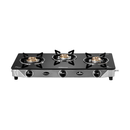 Diamond 3 Burner Gas Stove | 1 Medium and 2 Small Brass Burners |Toughened Glass Top |Steel