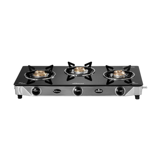 Diamond 3 Burner Gas Stove | 1 Medium and 2 Small Brass Burners |Toughened Glass Top |Steel
