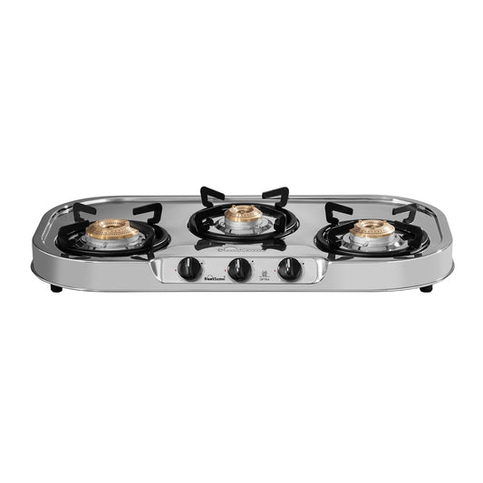 Optra 3 Burner Gas Stove | 1 Medium and 2 Small Brass Burners |Toughened Glass Top |Steel
