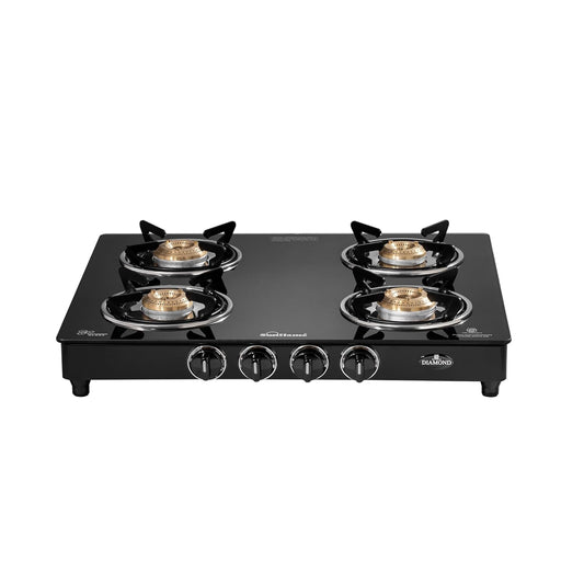 Diamond 4 Burner Gas Stove | 2 Medium and 2 Small Brass Burners |Toughened Glass Top | Black