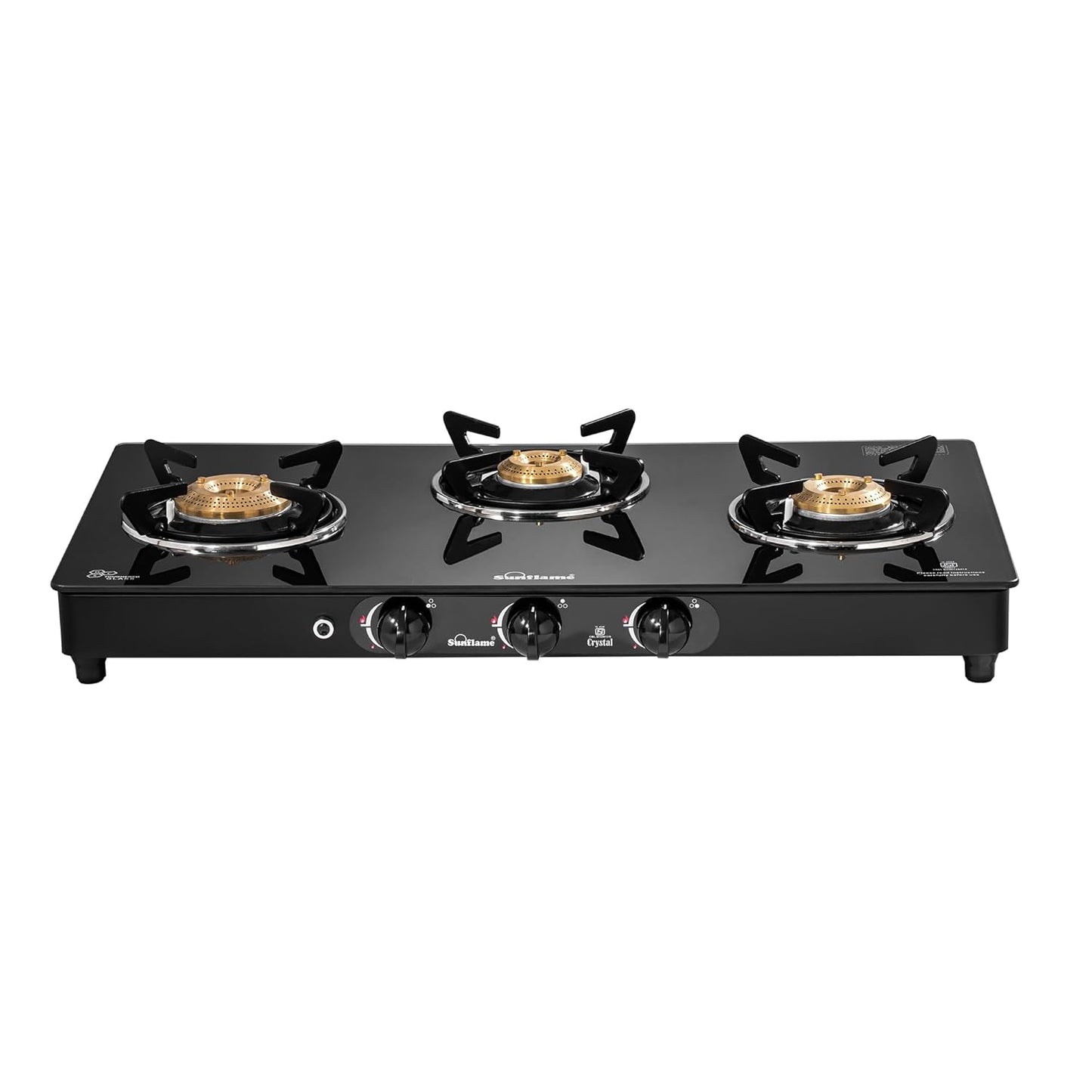 Crystal 3 Burner Gas Stove | Auto Ignition | 1 Medium and 2 Small Brass Burners |Toughened Glass Top |Black