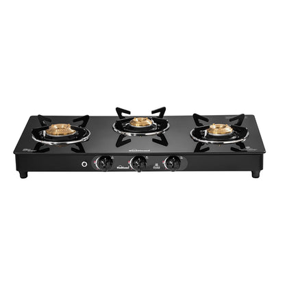 Crystal 3 Burner Gas Stove | Auto Ignition | 1 Medium and 2 Small Brass Burners |Toughened Glass Top |Black