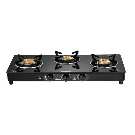 Crystal 3 Burner Gas Stove | Auto Ignition | 1 Medium and 2 Small Brass Burners |Toughened Glass Top |Black