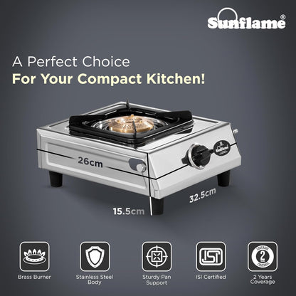 One Burner Glass Top Gas Stove | Jumbo Burner | Heavy Duty Pan Support| Silver