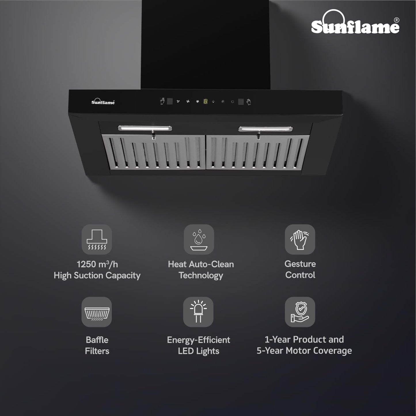 Lancer Chimney | 60 cm | 1250 m³/h High Suction Capacity | Heat Auto-Clean | Gesture Control with Touch Panel