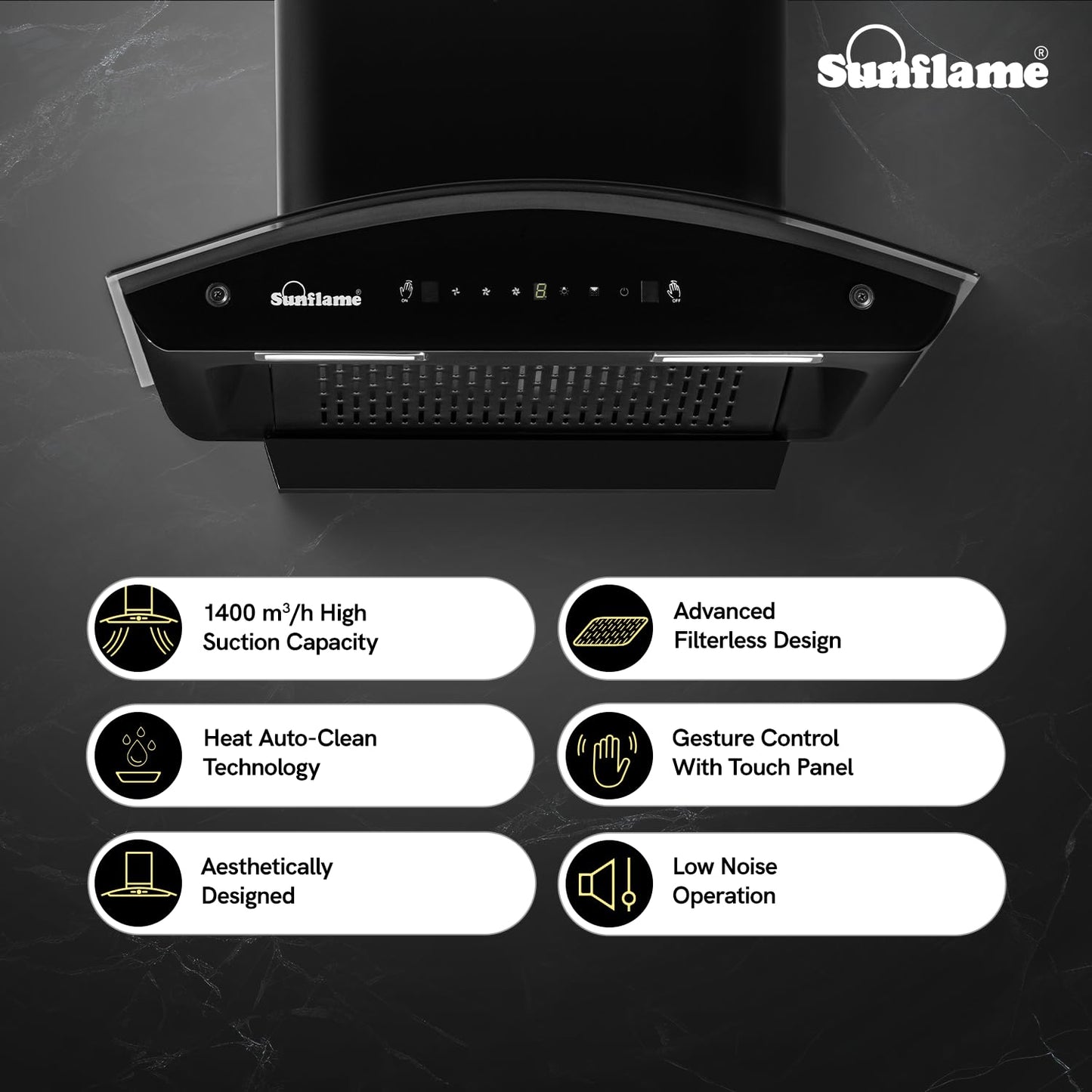 Lamia 60 FL HAC TC Filterless Auto-Clean Chimney | 60 cm | 1400 m³/h High Suction Capacity | Gesture Control with Touch Panel