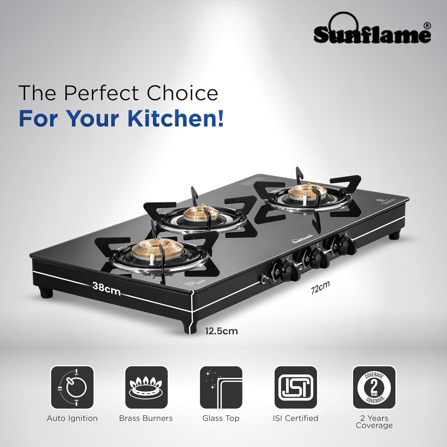 Crystal 3 Burner Gas Stove | Auto Ignition | 1 Medium and 2 Small Brass Burners |Toughened Glass Top |Black