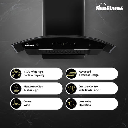 Lamia 90 FL HAC TC Filterless Auto-Clean Chimney | 90 cm | 1400 m³/h High Suction Capacity | Gesture Control with Touch Panel