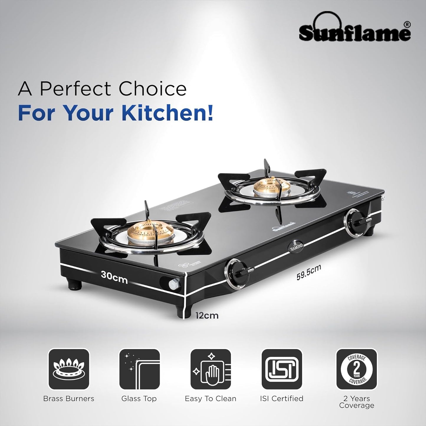 Diamond 2 Burner Gas Stove | 1 Medium and 1 Small Brass Burners |Toughened Glass Top | Black