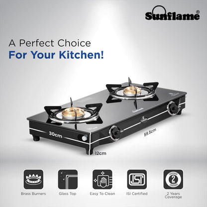 Diamond 2 Burner Gas Stove | 1 Medium and 1 Small Brass Burners |Toughened Glass Top | Black