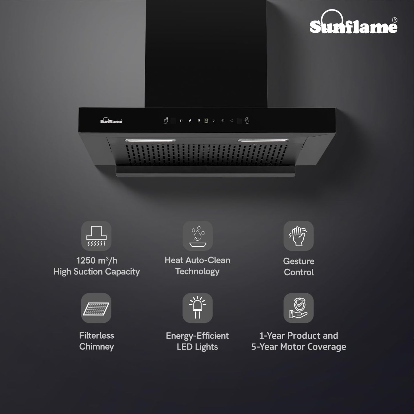Glanza High Efficiency Filterless Auto-Clean Chimney | 60 cm| 1250 m³/h Suction Capacity | Gesture Control with Touch Panel