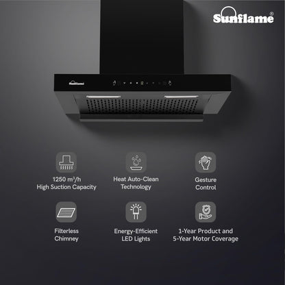 Glanza High Efficiency Filterless Auto-Clean Chimney | 60 cm| 1250 m³/h Suction Capacity | Gesture Control with Touch Panel