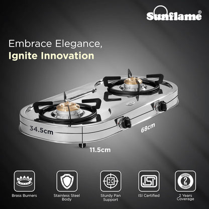 Optra 2 Burner Gas Stove | 1 Medium and 1 Small Brass Burners |Toughened Glass Top | Steel